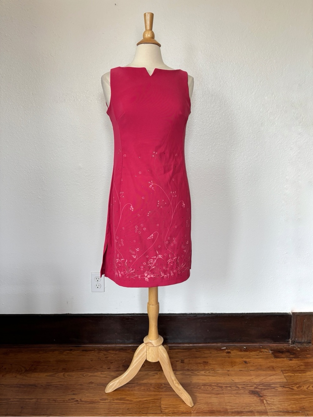 Vintage 90's Dark Pink Floral Embellished Boatneck Sleeveless Dress